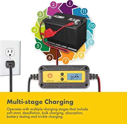 Shell SBC400 4 Amp 6V and 12V Fully Automatic Smart Charger and Maintainer, trickle Charger, Battery Desulfator, for Lead Acid, Gel, AGM, Li-on, 7 Levels of Protection and 11-Stage Charging