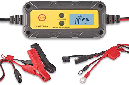 Shell SBC400 4 Amp 6V and 12V Fully Automatic Smart Charger and Maintainer, trickle Charger, Battery Desulfator, for Lead Acid, Gel, AGM, Li-on, 7 Levels of Protection and 11-Stage Charging