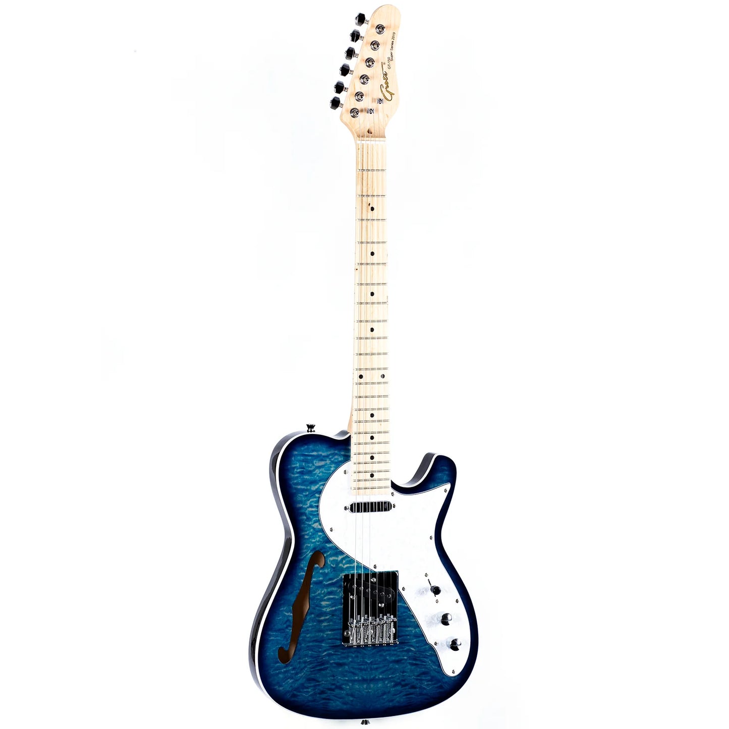 GROTE ELECTRIC GUITAR SEMI-HOLLOW BODY SINGLE F-HOLE TELE STYLE GUITAR FULL-SIZE BASSWOOD WITH CANADIA MAPLE NECK CHROME HARDWARE PICKS - BLUE