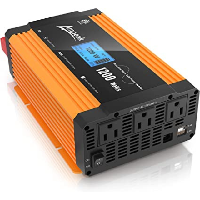Ampeak 1200W Pure Sine Wave Inverter 17 Protections Power Inverter DC 12V to AC 110V 4.8A USB Ports 3AC Outlets ETL for Hurricanes, Power Outages