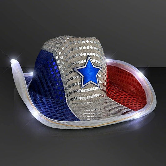 Red White and Blue Sequin Light Up LED Cowboy Hat with White LED Brim