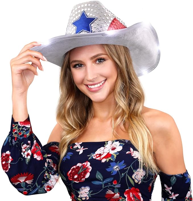 Red White and Blue Sequin Light Up LED Cowboy Hat with White LED Brim