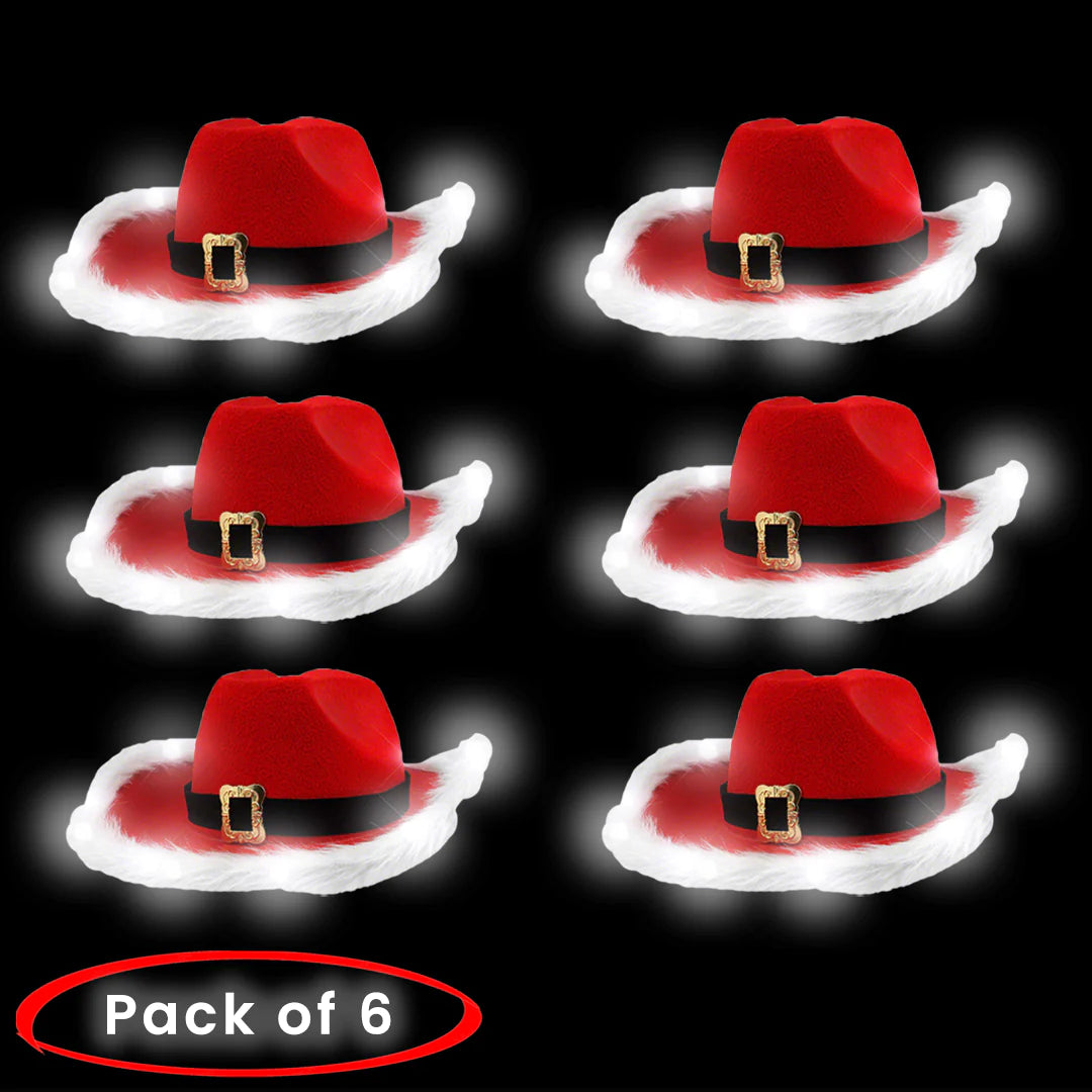 LED Light Up Christmas Red Santa Claus Cowboy Hats - Pack of 6