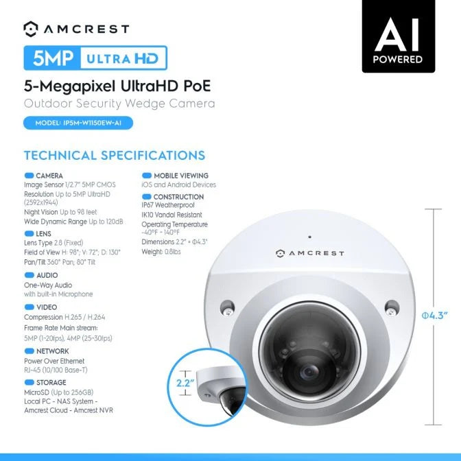 Amcrest 5-Megapixel Wedge IP PoE AI Camera, Security IP Camera Outdoor, IP5M-W1150EW-AI