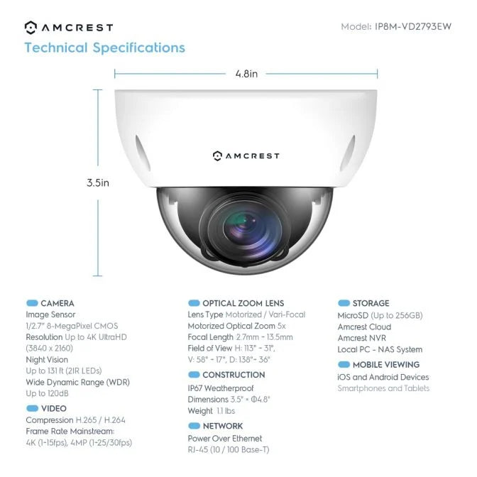 Amcrest 4K Optical Zoom IP PoE Dome Camera, IP67 - White (IP8M-VD2793EW)