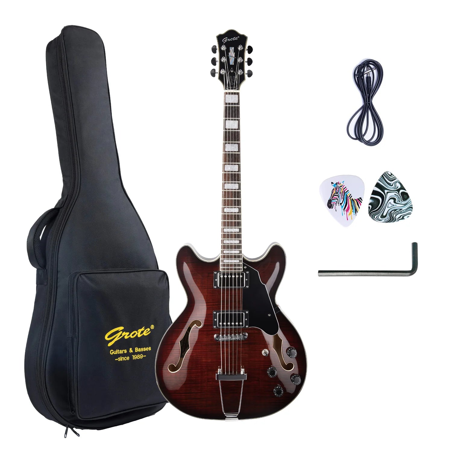 GROTE 335 STYLE SEMI-HOLLOW BODY JAZZ ELECTRIC GUITAR WITH GIGBAG